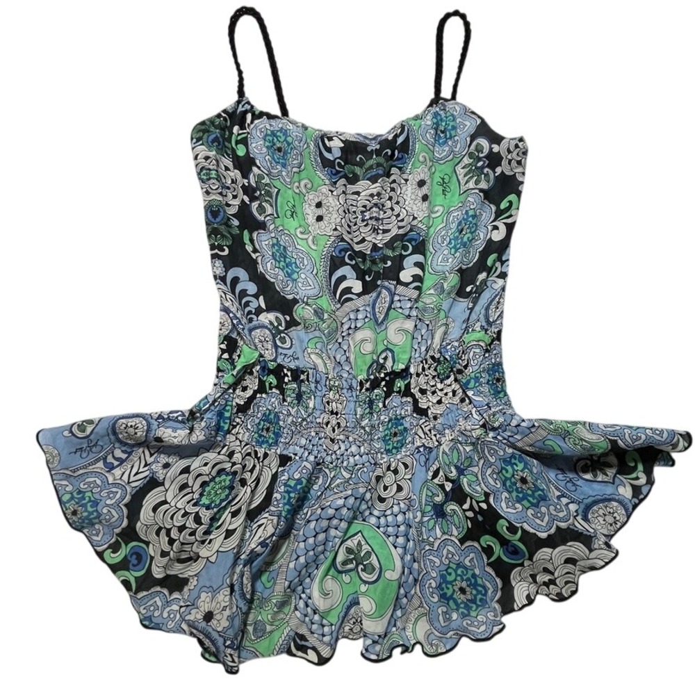 Baby Phat Silk Cotton Paisley Smocked Peplum Cami Top Blue Green Y2K Boho